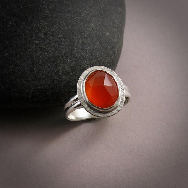 Rose cut carnelian halo ring: sterling silver