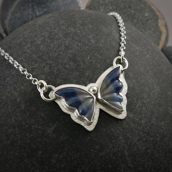 Mini Blue & Grey Sapphire Butterfly Pendant • Sterling Silver