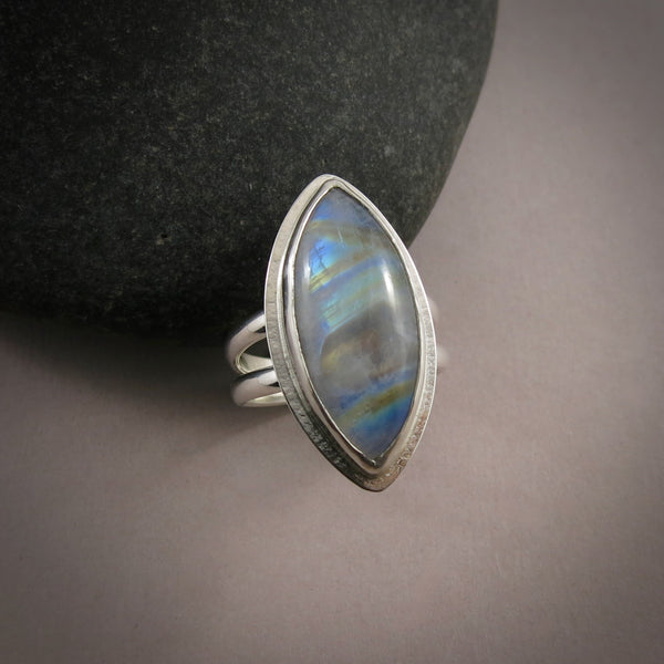 Rainbow Moonstone Marquise Split-Shank Ring • Sterling Silver • Size 8.5