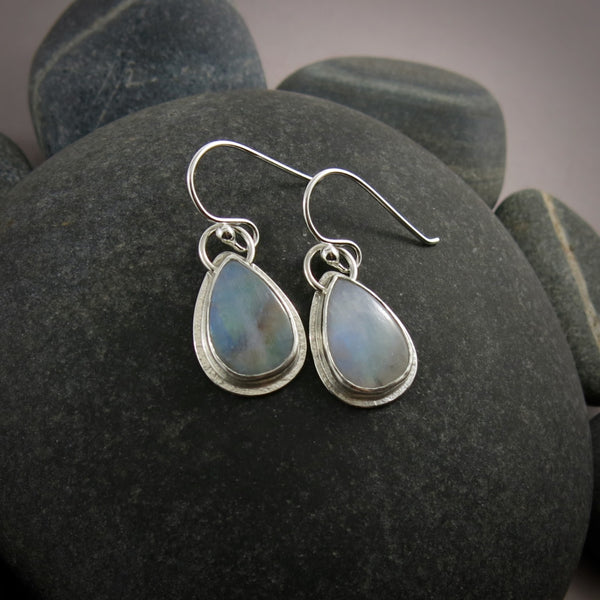 Rainbow moonstone teardrop earrings • Sterling Silver