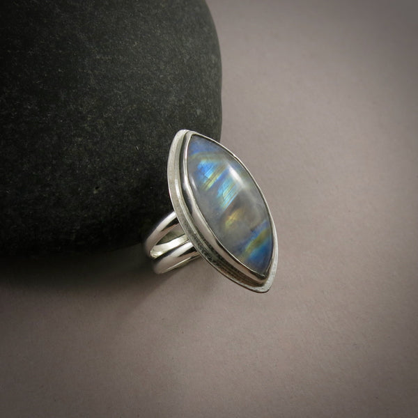 Rainbow Moonstone Marquise Split-Shank Ring • Sterling Silver • Size 8.5