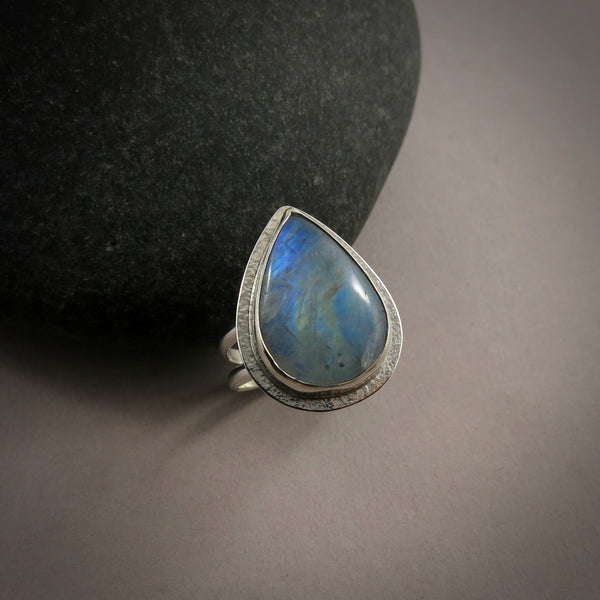 Rainbow Moonstone Teardrop Ring • Sterling Silver • Size 7