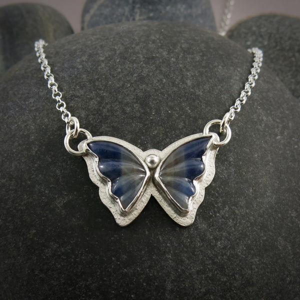 Mini Blue & Grey Sapphire Butterfly Pendant • Sterling Silver