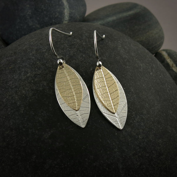 Layered Leaf Imprint Earrings • Sterling Silver & 14K Gold Fill