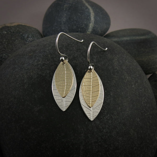 Layered Leaf Imprint Earrings • Sterling Silver & 14K Gold Fill