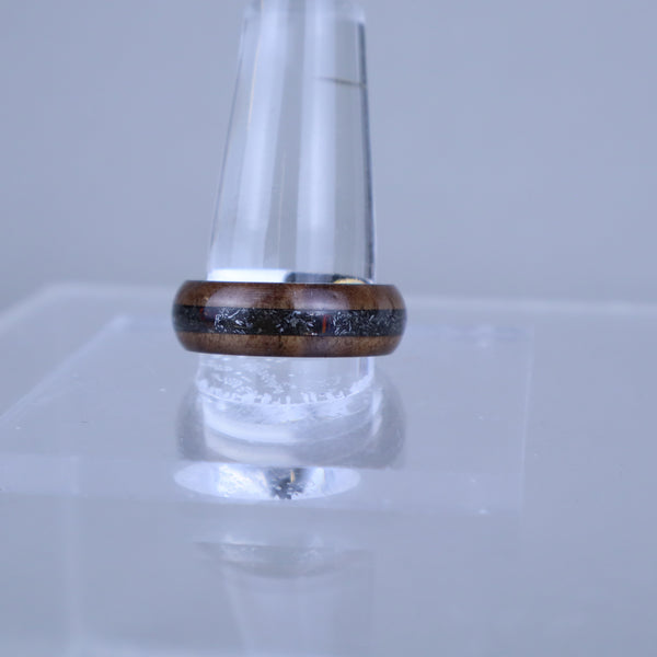 Ring - Stainless steel with meteorite and black opals set between black walnut