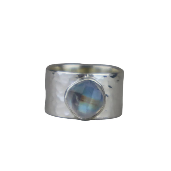 Wide ring with rainbow moonstone: size 10