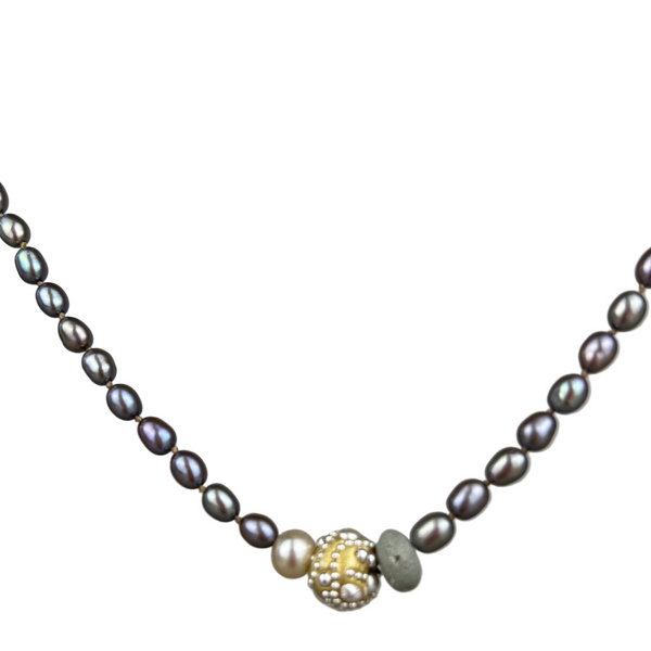 Hand-Knotted Freshwater Pearl Necklace with Beach Pebble Focal