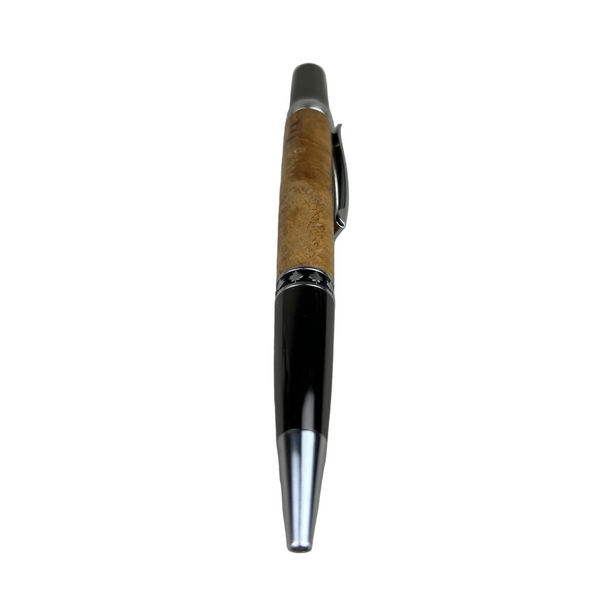 Pen with cork-like grip and black body on a light gray background