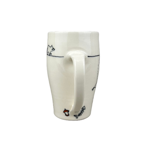 White mug with decorative elements on a gray background