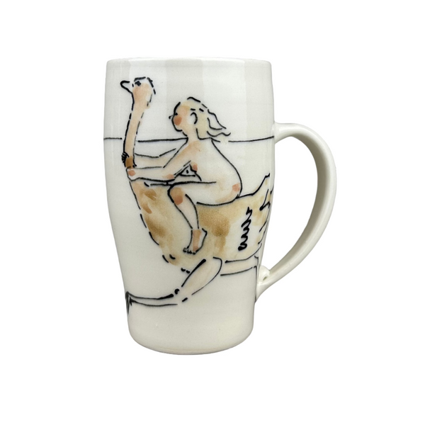 White mug with artistic design on a gray background