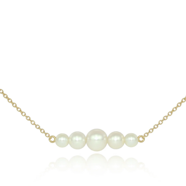 Pearl necklace on a gold chain against a white background