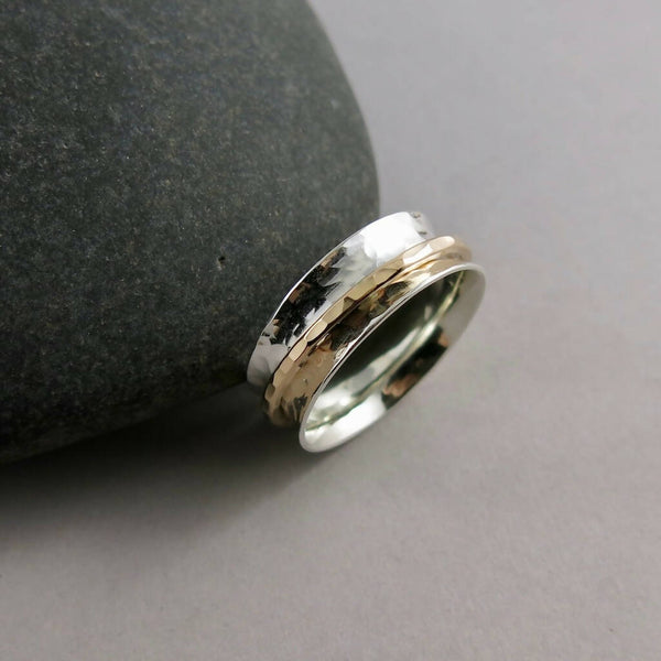 Silver & Gold Meditation Ring • Hammer Textured Silver Band with a Single Gold Filled Spinner