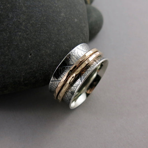 Silver & Gold Meditation Ring • Leaf Printed Silver Band with Double Gold Spinners