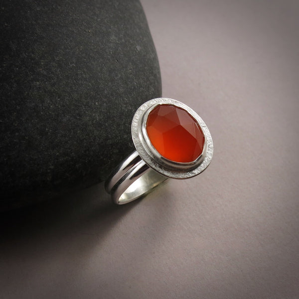 Rose cut carnelian halo ring: sterling silver