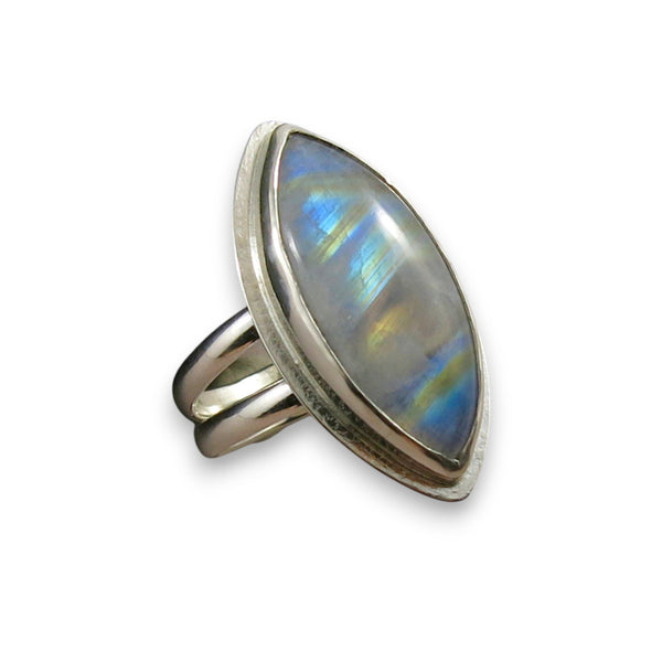 Rainbow Moonstone Marquise Split-Shank Ring • Sterling Silver • Size 8.5