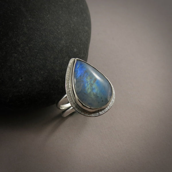 Rainbow Moonstone Teardrop Ring • Sterling Silver • Size 7
