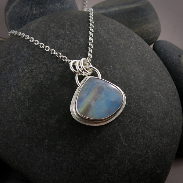 Rainbow Moonstone Teardrop Necklace • Sterling Silver