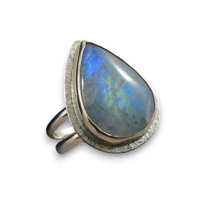 Rainbow Moonstone Teardrop Ring • Sterling Silver • Size 7