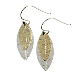 Layered Leaf Imprint Earrings • Sterling Silver & 14K Gold Fill