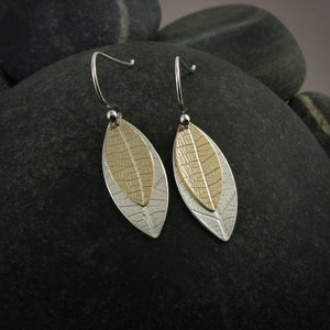Layered Leaf Imprint Earrings • Sterling Silver & 14K Gold Fill