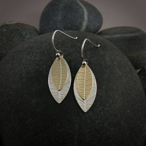 Layered Leaf Imprint Earrings • Sterling Silver & 14K Gold Fill