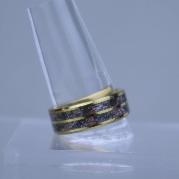 Ring-18k gold plated tungsten with dinosaur fossil and meteorite