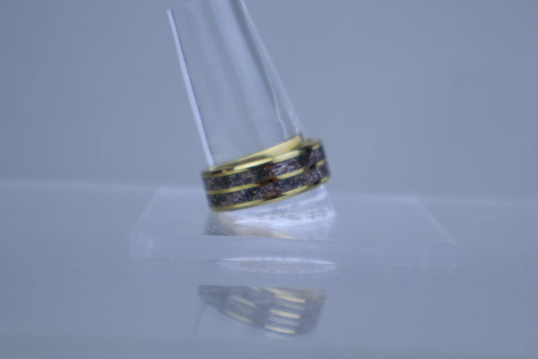 Ring-18k gold plated tungsten with dinosaur fossil and meteorite