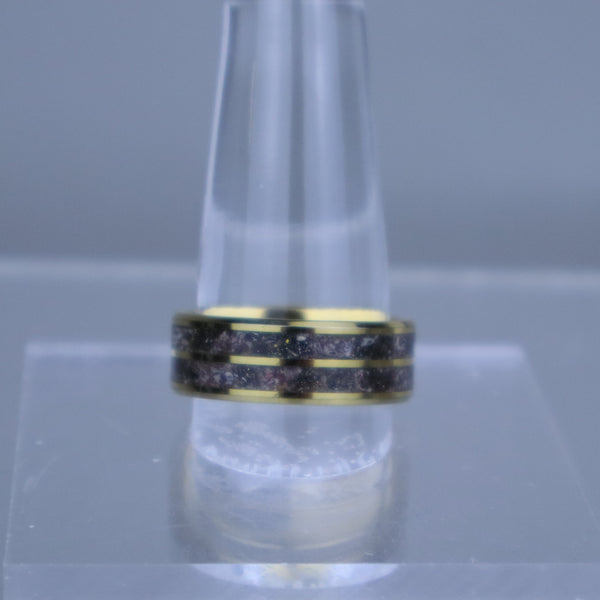 Ring-18k gold plated tungsten with dinosaur fossil and meteorite