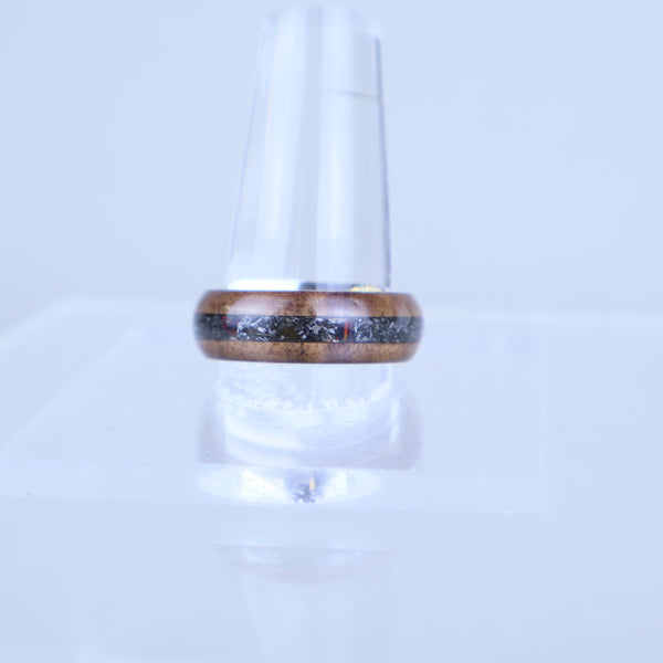 Ring - Stainless steel with meteorite and black opals set between black walnut
