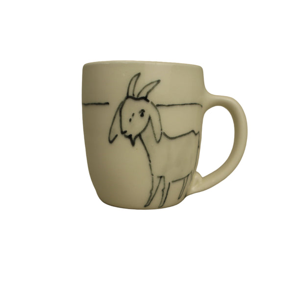 White mug with a black line drawing of a goat 