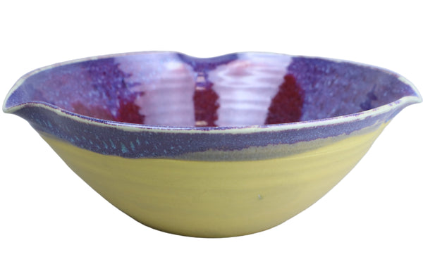 Ceramic bowl with purple and yellow design on a light gray background