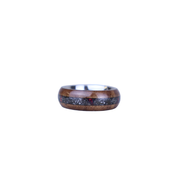Ring - Stainless steel with meteorite and black opals set between black walnut