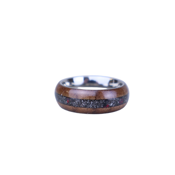 Ring - Stainless steel with meteorite and black opals set between black walnut