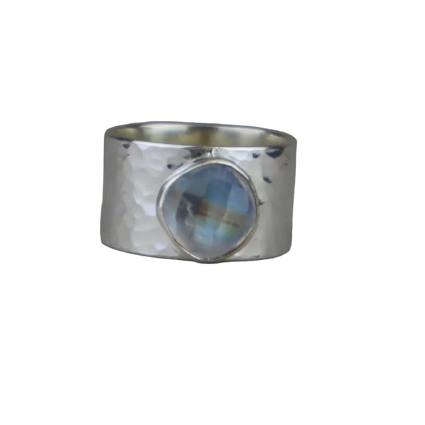 Wide ring with rainbow moonstone: size 10