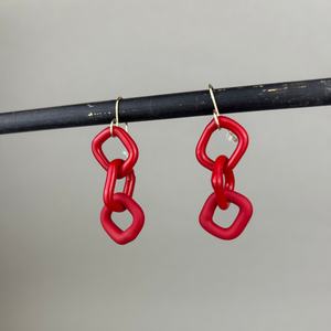 Handmade red glass chain earrings by Minori Takagi with 14K gold fill hooks, 2 inches long, lightweight and sculptural design.