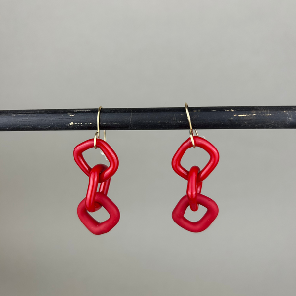 Handmade red glass chain earrings by Minori Takagi with 14K gold fill hooks, 2 inches long, lightweight and sculptural design.