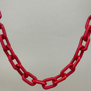 Handmade red glass chain necklace by Minori Takagi, featuring interlinked glass loops and 14K gold fill findings, 18 inches long.