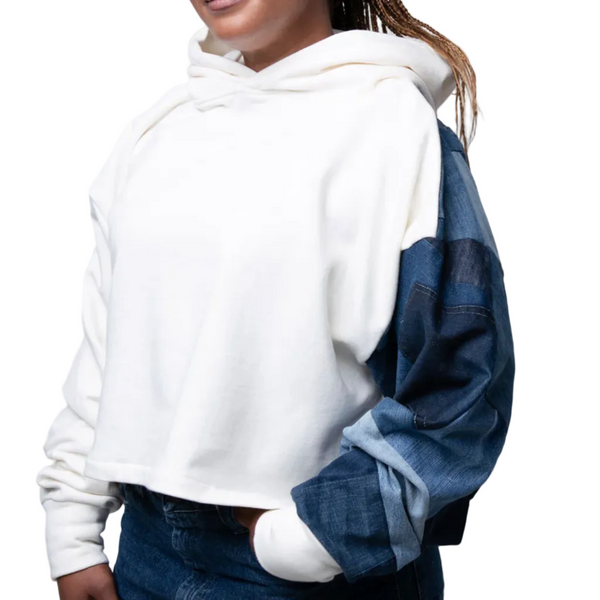 Cropped Hoodie White with Denim Sleeve