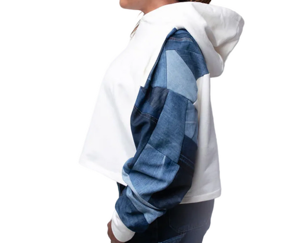 Cropped Hoodie White with Denim Sleeve