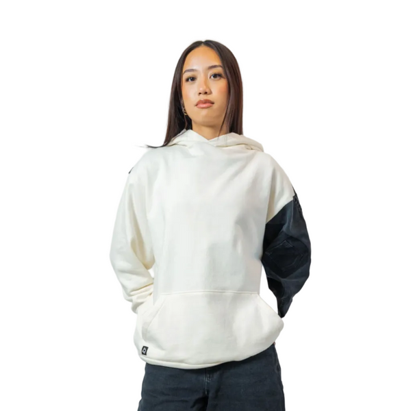 White & Black Denim Patchwork Sleeve Hoodie