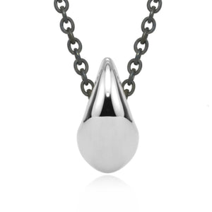 A silver teardrop pendant necklace with a polished finish, suspended from a dark gunmetal chain on a clean white background.