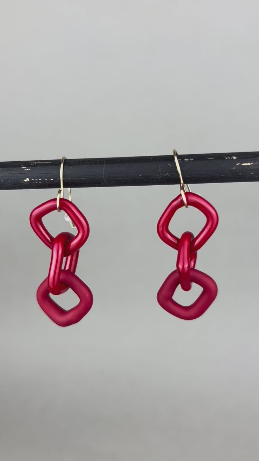 Handmade red glass chain earrings by Minori Takagi with 14K gold fill hooks, 2 inches long, lightweight and sculptural design.