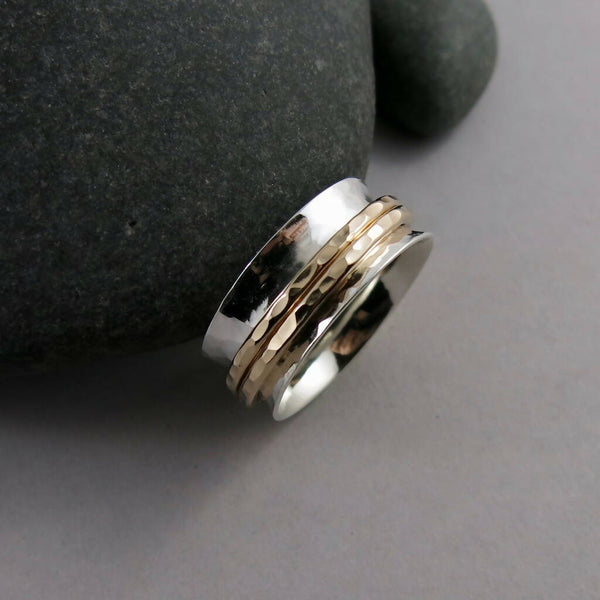 Silver & Gold Meditation Ring • Hammer Textured Silver Band with Double Gold Filled Spinners