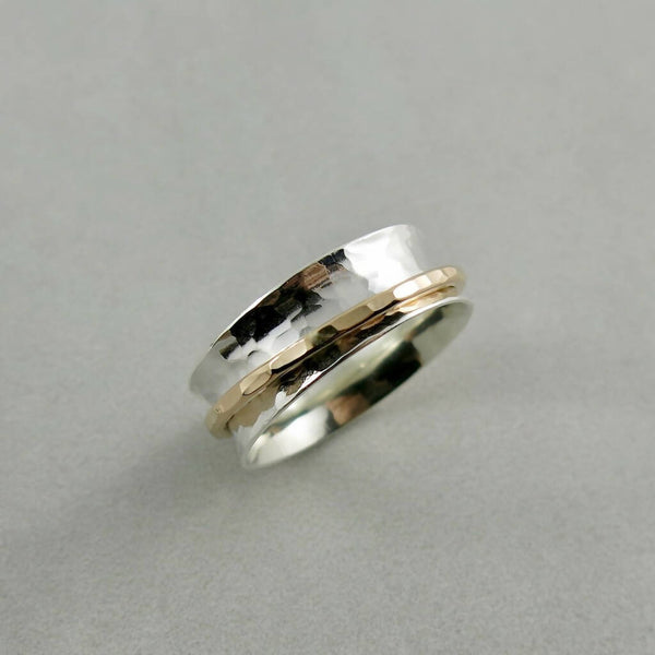 Silver & Gold Meditation Ring • Hammer Textured Silver Band with a Single Gold Filled Spinner