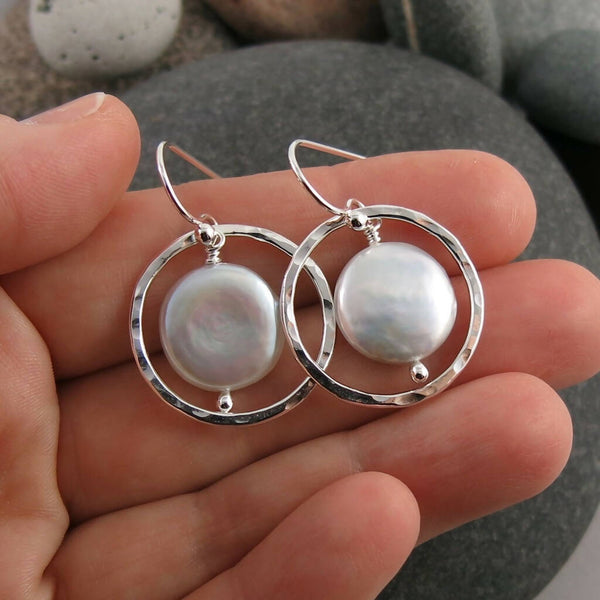 White Coin Pearl Earrings in Hammer Textured Sterling Silver Circle Dangles