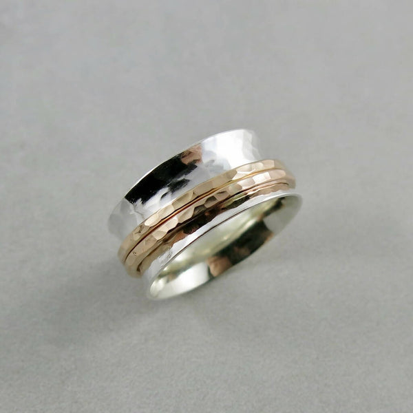 Silver & Gold Meditation Ring • Hammer Textured Silver Band with Double Gold Filled Spinners