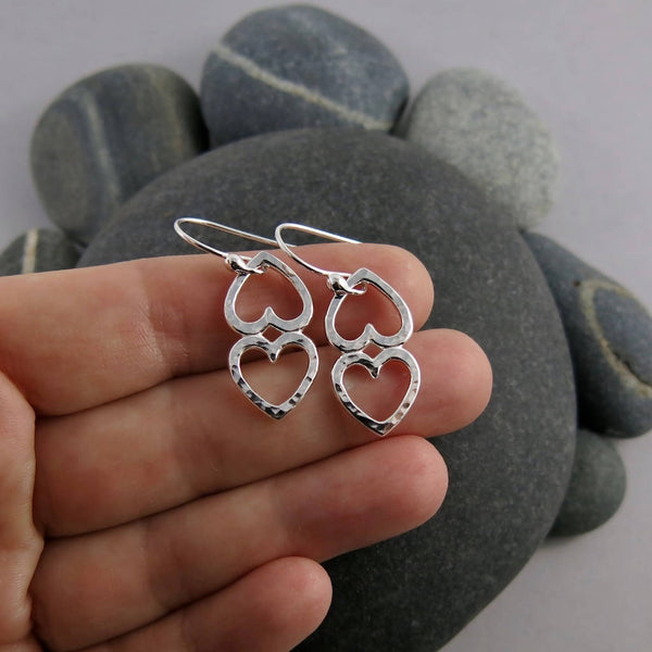Open Hearts Duo Dangle Earrings • Hammer Textured Sterling Silver