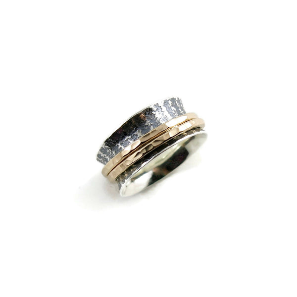 Silver & Gold Meditation Ring • Striped Band with Double Gold Filled Spinning Bands
